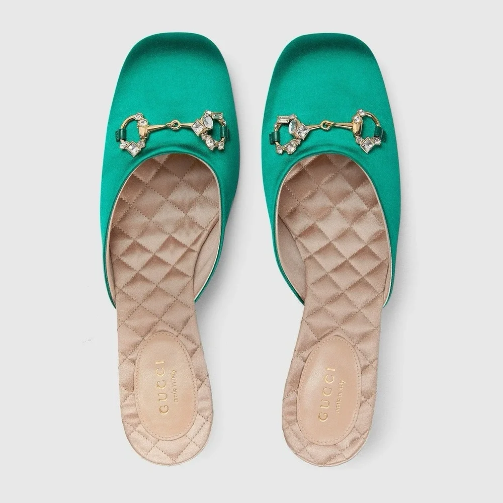 NIB Gucci Horsebit Crystals Satin Mules IT 36 US 6 Slip On Emerald Green Sandal - Picture 2 of 15